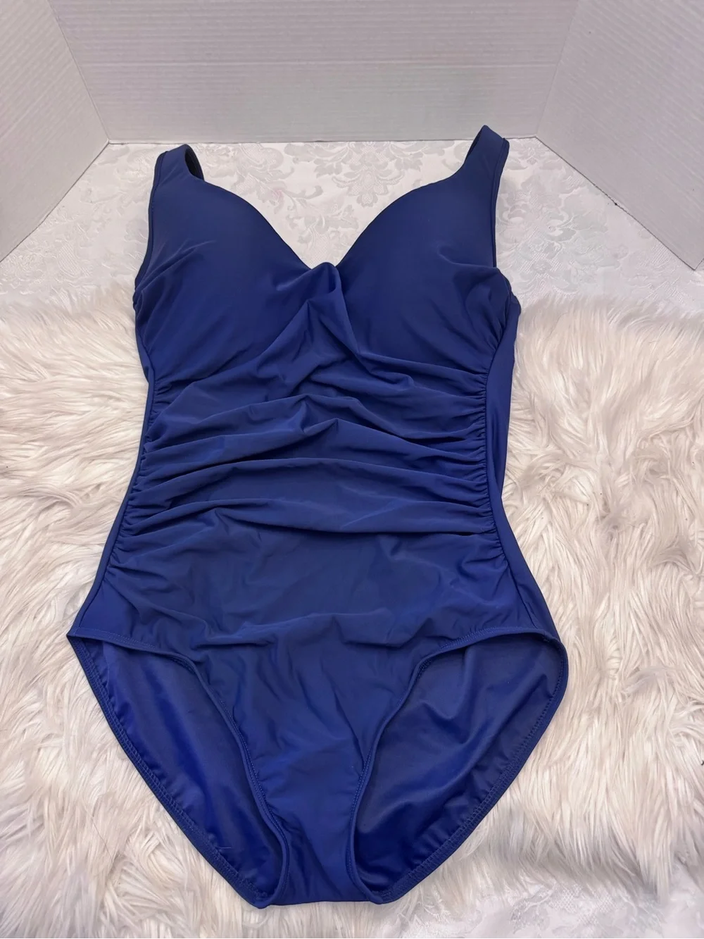 Miraclesuit 14 Amici One Piece Solid Blue Swimsuit Slimming V Neck Shirring Firm